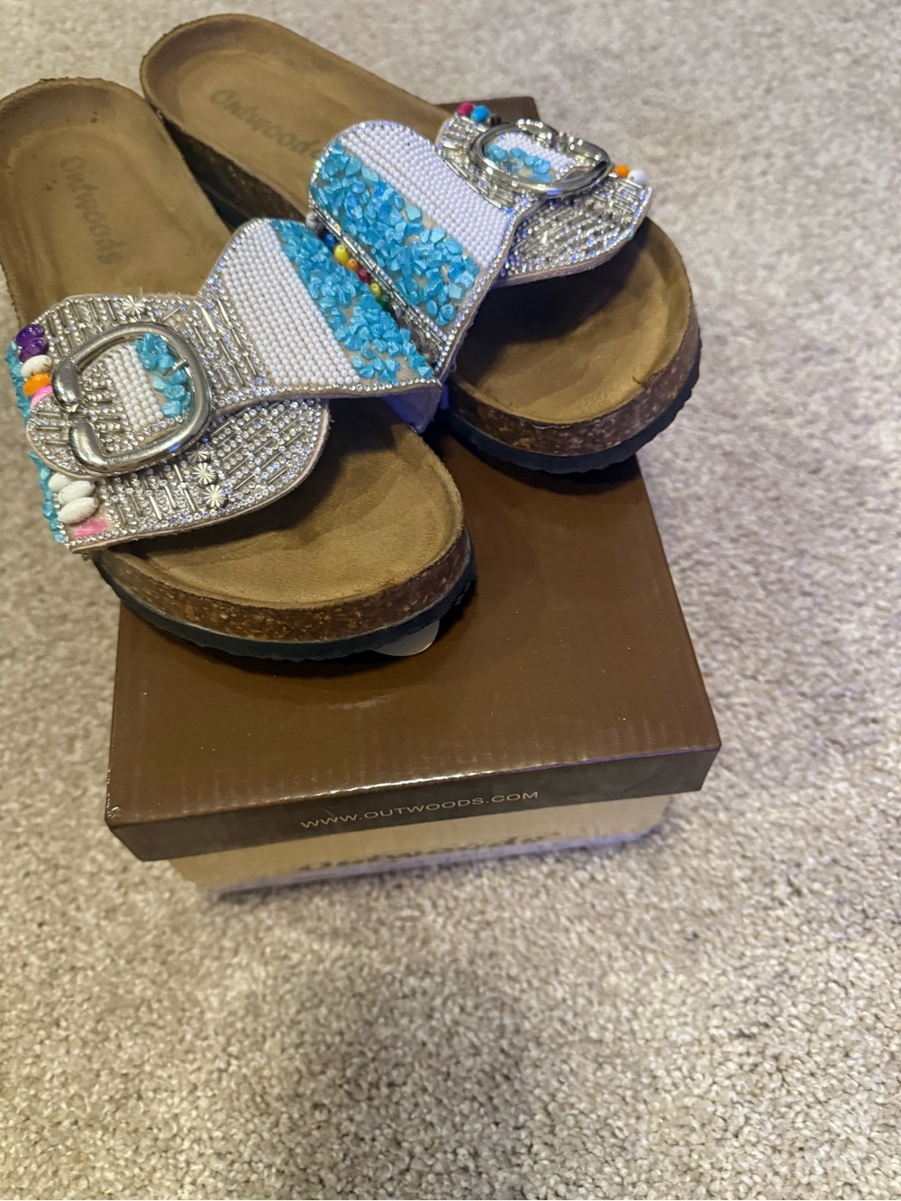 Outwoods White and Blue Beaded Slide Sandals with Silver Buckles